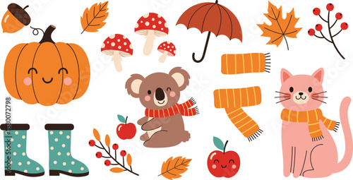 Cute autumn icon set with pumpkin, mushrooms, koala, cat, boots, scarf, leaves and umbrella, seasonal flat vector illustration