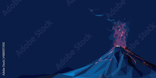 A stylized illustration of a volcanic eruption under a night sky
