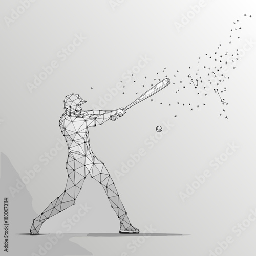 A polygonal baseball player swinging a bat with particles exploding outward