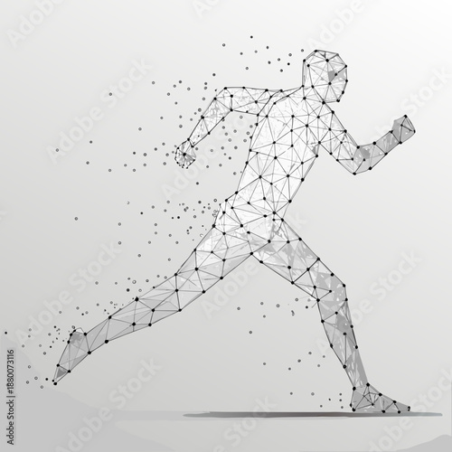 Abstract running man formed by a network of lines and particles