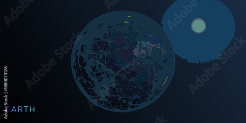 Abstract digital illustration of earth with glowing elements and celestial bodies