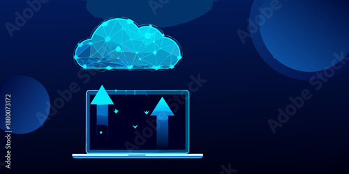 Digital cloud connectivity data transfer visualized through a laptop screen