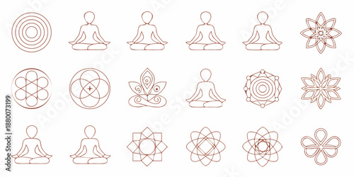 Meditative icons and spiritual symbols arranged in a minimalist reddish brown illustration