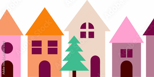 Colorful geometric houses with simplified shapes and flat design aesthetic