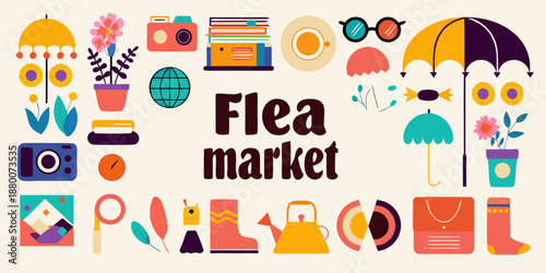 Colorful illustration showcasing various items found at a flea market