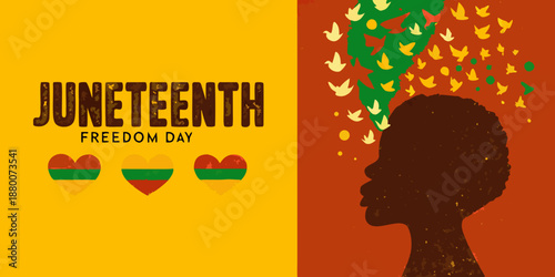 Juneteenth celebration A profile with birds taking flight and the pan african flag