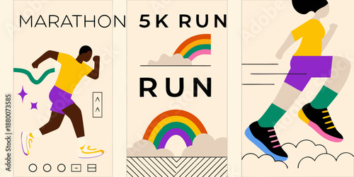 Colorful illustration depicts runners and race details for a marathon or 5k run
