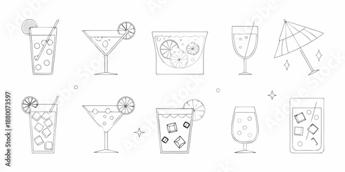 a set of eight different cocktail glasses and drinks with umbrellas and garnishes