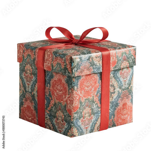 Gift Box With Colorful Wrapping Paper and Red Bow Placed on a Plain Surface