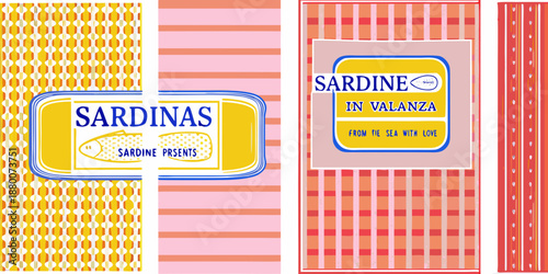Retro sardine packaging design with vibrant patterns and vintage typography