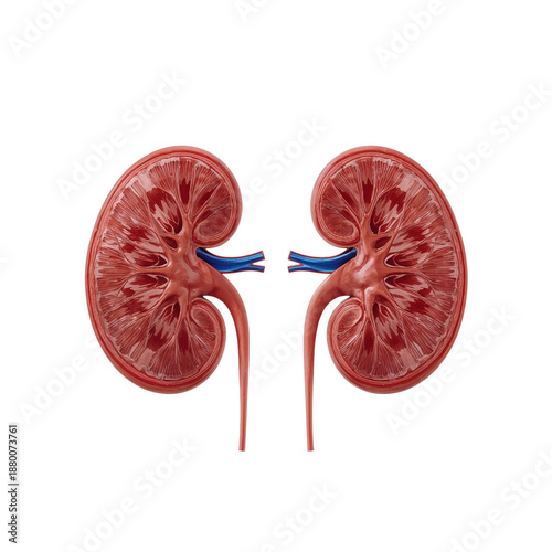Human Kidneys Shown From the Front and Side With Detailed Structure and Blood...
