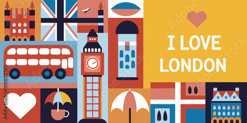 A colorful illustration depicting iconic landmarks and symbols of london