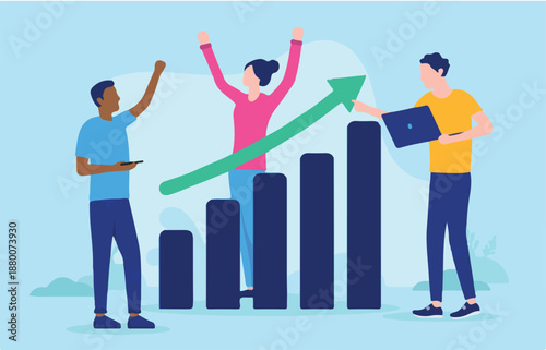 Successful entrepreneurs - Cheerful people in casual clothes standing with rising diagram chart being happy over business growth. Flat design vector illustration with blue background