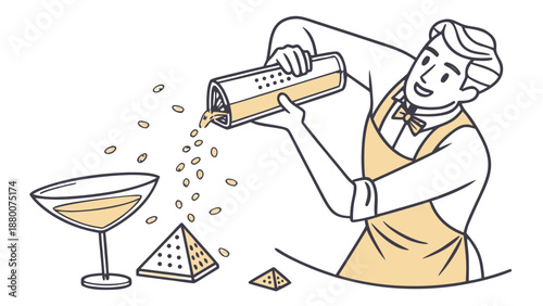 Bartender Grating Ingredient into Cocktail, Line Art Illustration, bartender in a vest and bow tie using a hand grater to grate an ingredient into a cocktail glass, with a pyramid grater 