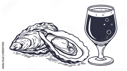 Oysters and Dark Beer Glass, Engraving Style Illustration,  Dark blue engraving style, showing two oysters, one opened, next to a glass of dark beer with a foamy head.
