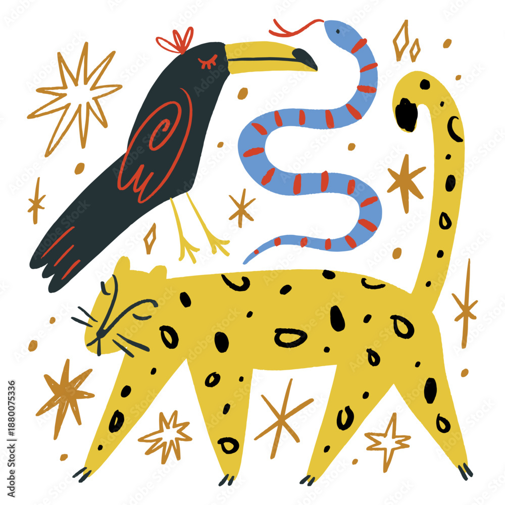 Fototapeta premium Cute African tropical elements animals set isolated on background for kids content. Hand drawn silhouettes colorful collage. Flat cartoon character leopard animal, toucan and snake. Inhabitant jungle