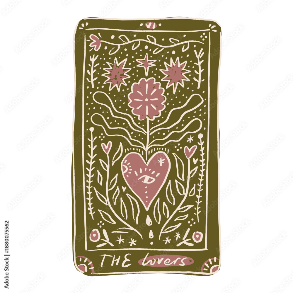 Naklejka premium Tarot card The Lovers sacred heart whimsical art. Valentines modern abstract groovy cute childish sketchy style. Boho doodle modern magic mystical witchy print funny hand drawn clipart. Vector EPS and
