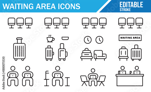 Line Art Waiting Area Icons. Editable Stroke Vector Collection of Chairs, People, and Travel Baggage