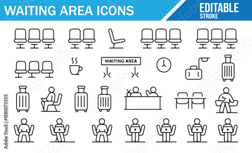 Airport Waiting Area Symbols. Vector Line Icons of Seats, Luggage, and Passengers with Editable Strokes.