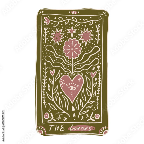 Tarot card The Lovers sacred heart whimsical art. Valentines modern abstract groovy cute childish sketchy style. Boho doodle modern magic mystical witchy print funny hand drawn clipart. Vector EPS and