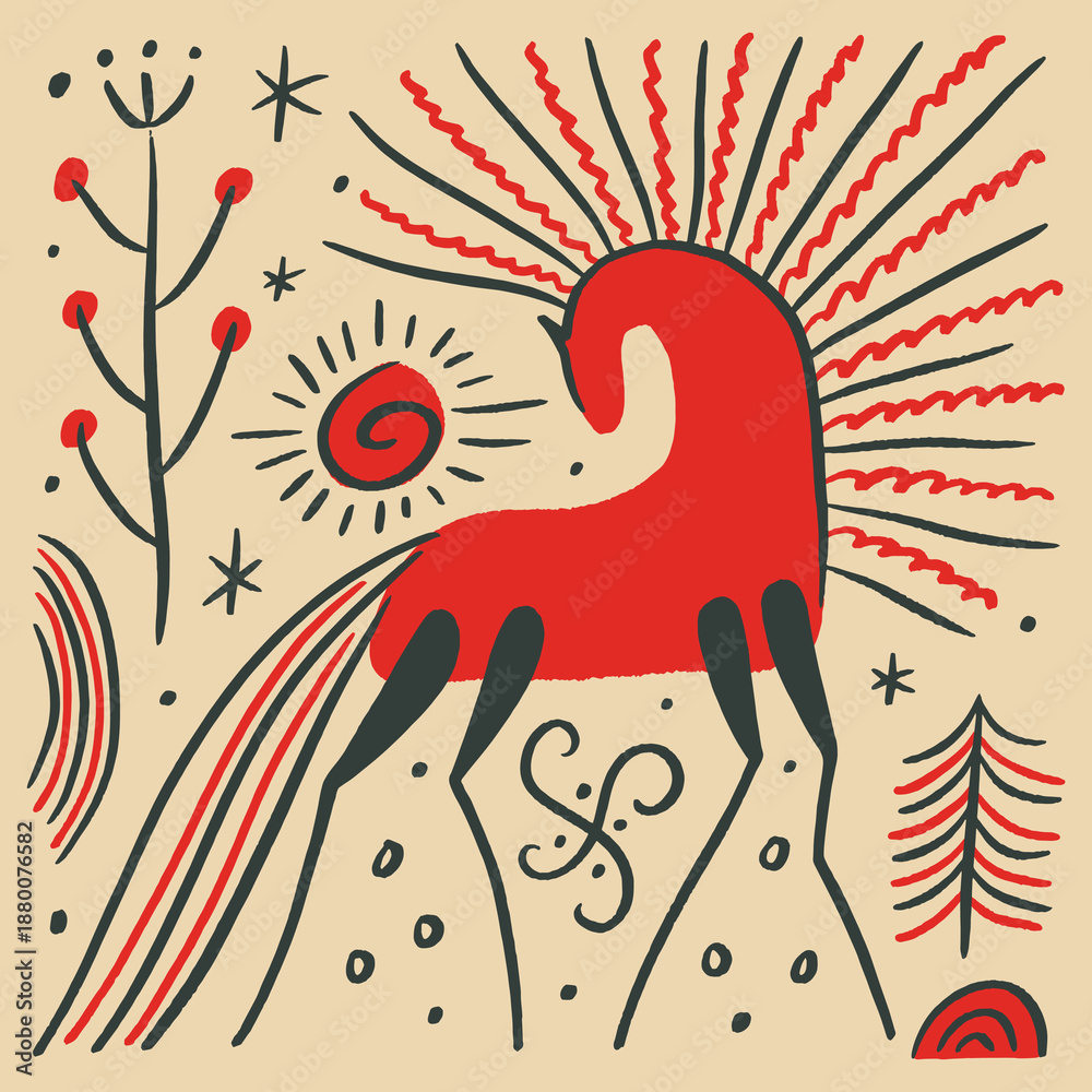 Fototapeta premium Whimsical doodle folk red Mezen horse decorative patterned folklore animal for drawing, cartoonish modern abstract boho adorable hand-drawn rural rustic childish style groovy cartoon dry brush