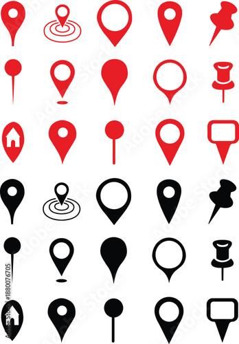 Location pin and map marker icon set in solid and outline style, navigation GPS symbols with place pointers, destination markers and location icons vector illustration collection