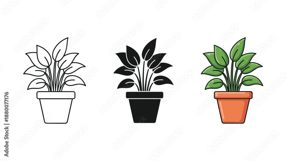 Fototapeta premium Set of three potted houseplant icons outline, silhouette and color illustration, perfect for gardening, nature, and home decor concepts