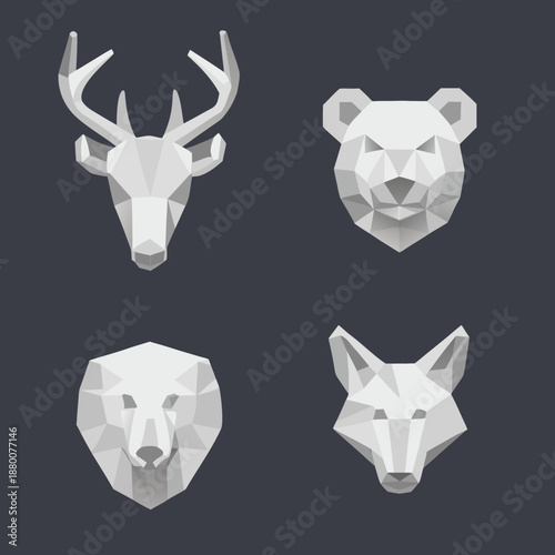 Geometric animal heads a deer bear lion and fox in a modern style