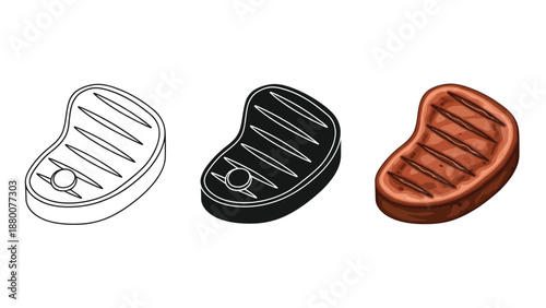 Set of three steak icons outline, filled silhouette and realistic grilled meat cut