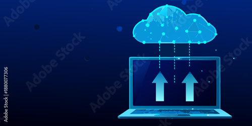 cloud computing data transfer illustration with laptop and arrows