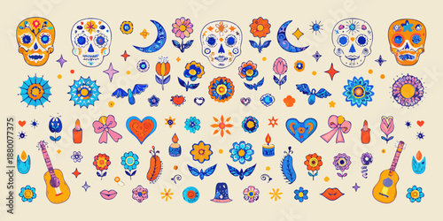 Colorful day of the dead sugar skulls flowers and festive elements pattern