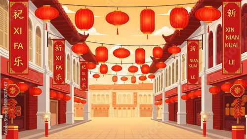 Vibrant traditional street scene depicting a joyous Chinese New Year celebration, adorned with glowing red lanterns and festive banners, embodying cultural prosperity and happiness