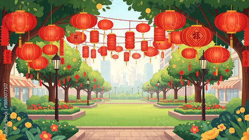 Festive Chinese New Year Lanterns Decorating a Lush Park Scene with City Skyline in the Background