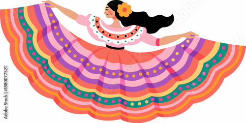 A vibrant illustration of a woman in a traditional colorful folk dress