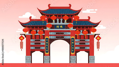 Vibrant vector illustration of a traditional Chinese archway adorned with festive red lanterns, symbolizing cultural heritage and celebration
