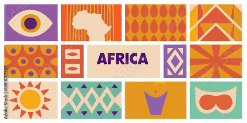 Colorful geometric patterns and the continent of africa depicted in a grid