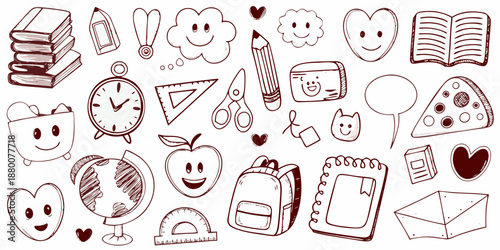 A charming collection of hand drawn school supplies and cheerful doodles