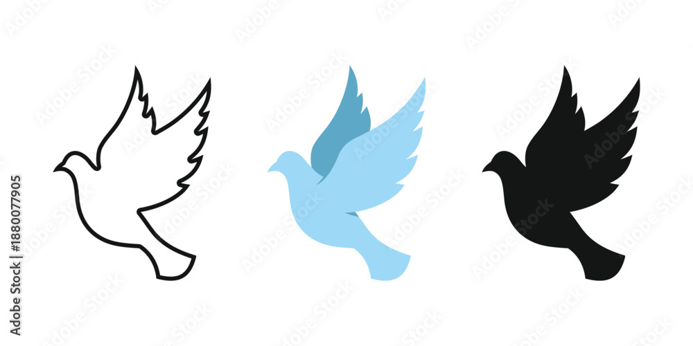 Obraz premium Flying Dove icons set in Outline, Blue, and Black silhouette, Peace and Holy Spirit Symbol and Spirituality.