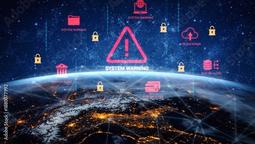Valokuva Global Digital Network System Warning Concept with Alerts and Data Icons Over Earth at Night Gluon
