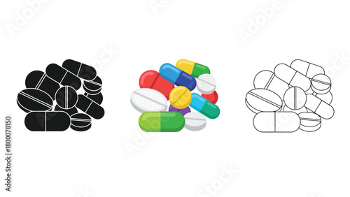 Collection of various medical pills capsules and tablets in three distinct graphic styles