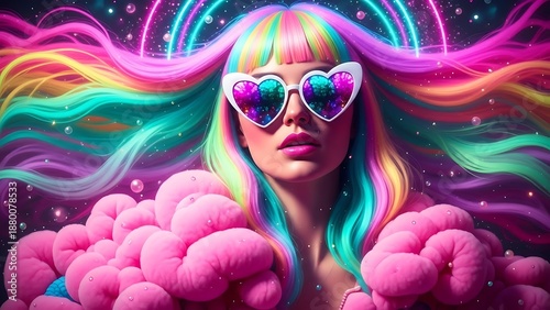 Vibrant woman with rainbow hair and brain clouds wears heart sunglasses