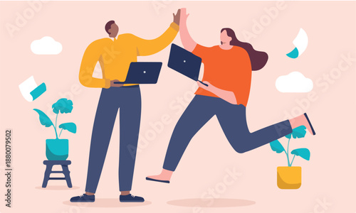People doing high five - Two cartoon characters in flat design being happy and cheerful at work together after achievement and success