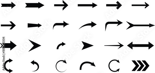 Collection of diverse black arrow icons on white background direction symbol