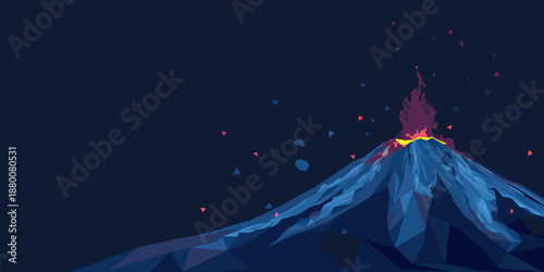 Minimalist illustration of a glowing volcano erupting with fiery lava and ash