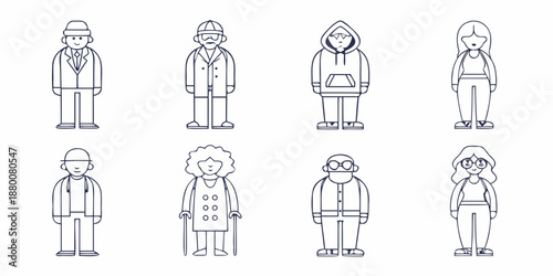 eight people in different outfits and poses are shown