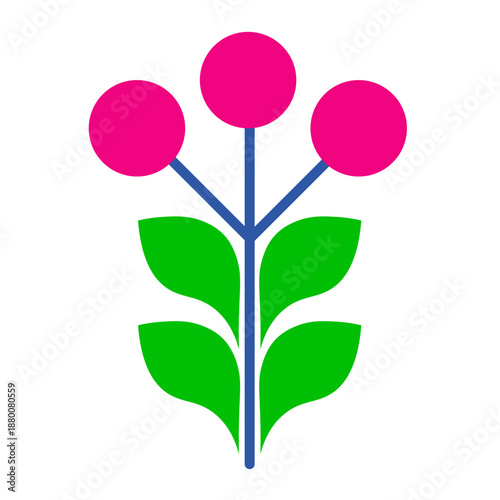 Flower made of plasticine on a white background. Stylized flower illustration with pink berries and green leaves against black backdrop. Retro Style Peach Flower vector Illustration