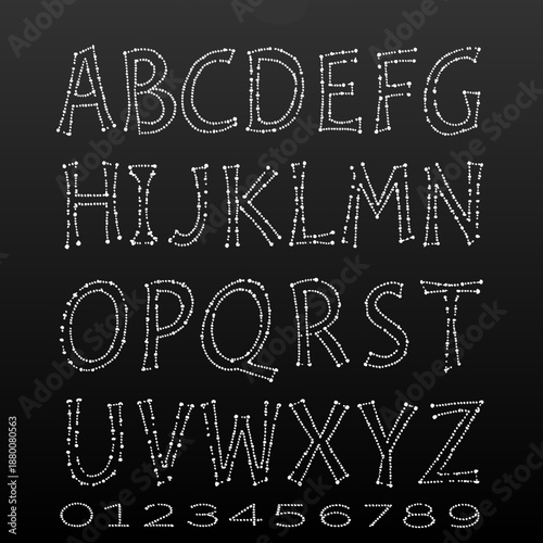 A complete alphabet set with numbers displayed in a dotted sketch like style