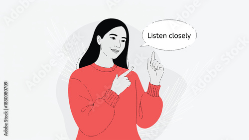 woman in red sweater pointing to text bubble saying listen closely