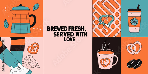 Coffee themed illustration featuring a moka pot to go cup and heart motifs