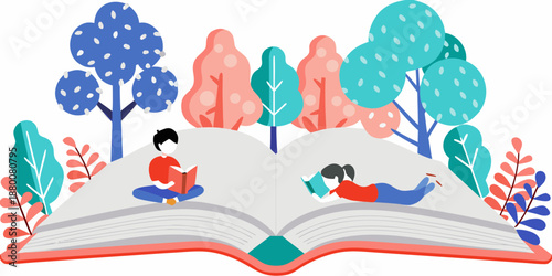 A peaceful illustration of people reading a book among stylized trees